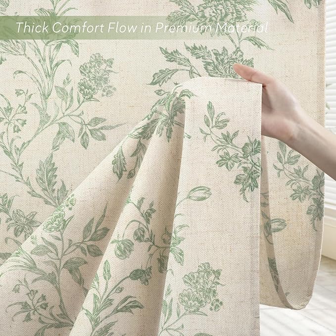 Sage Green Floral Shower Curtain,Vintage Linen Beige Cottagecore Shower Curtains for Bathroom, 72" W x 78" L