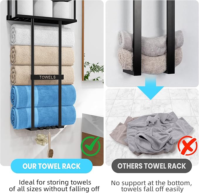 STWWO Bathroom Towel Storage Rack, Metal Towel Racks Wall Mounted Can Holds 5 Large Towels, 30.5IN Bathroom Towel Holder with Shelf & Storage Basket, Towel Organizer with 3 Hooks for RV, Apt, Black