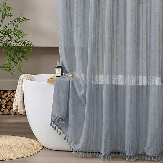 Fog Blue Shower Curtain Linen Shower Curtain Beige Boho Shower Curtain for Bathroom Rustic Striped French Country Shabby Chic Shower Curtains, 72” x 72“