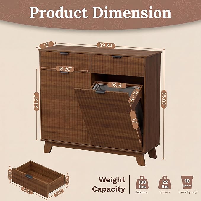 Double Tilt Out Laundry Hamper Cabinet, 20 Gallon Wooden Trash Can Cabinet with Storage Drawers, Hidden Fluted Garbage Can Holder for Kitchen, Living Room (Walnut Wood, 39.34"W x 35.83"H x 13"D)