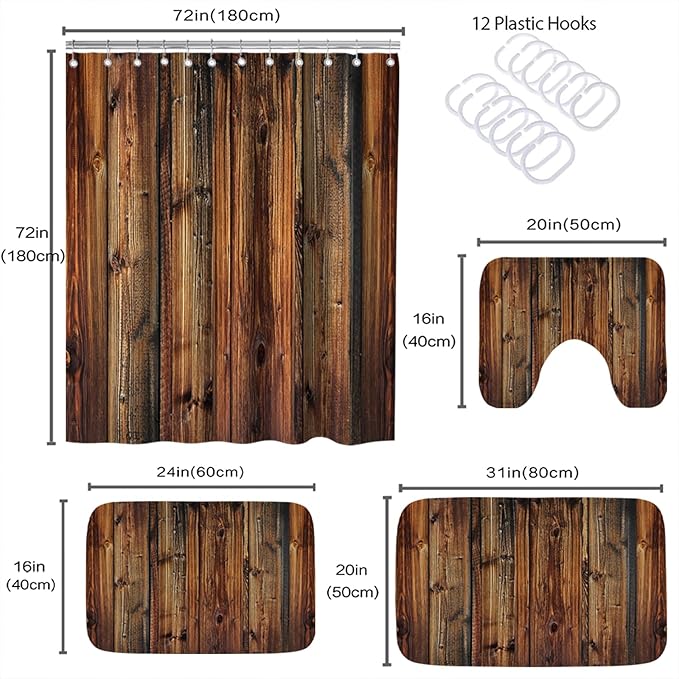 Farmhouse Western Vintage Bathroom Sets with Wooden Rustic Shower Curtain and 20 x 31 Rugs Bathroom Accessories Sets Decor with Bath Rug, Bath Mat, U-Shaped Contour and Hooks 72 x 72 Inch Brown