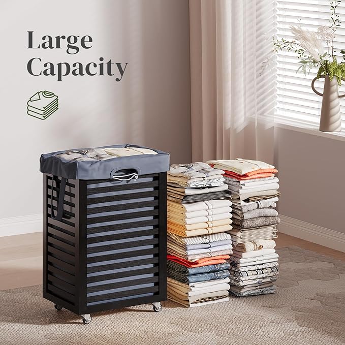 Laundry Hamper with Wheels, Laundry Basket with Liner, 85L Large bamboo Laundry Clothes Laundry Hamper, Liner with Handles, Dirty Clothes Storage Cart For Laundry Room, Dorm, Bedroom, Bathroom (Black)
