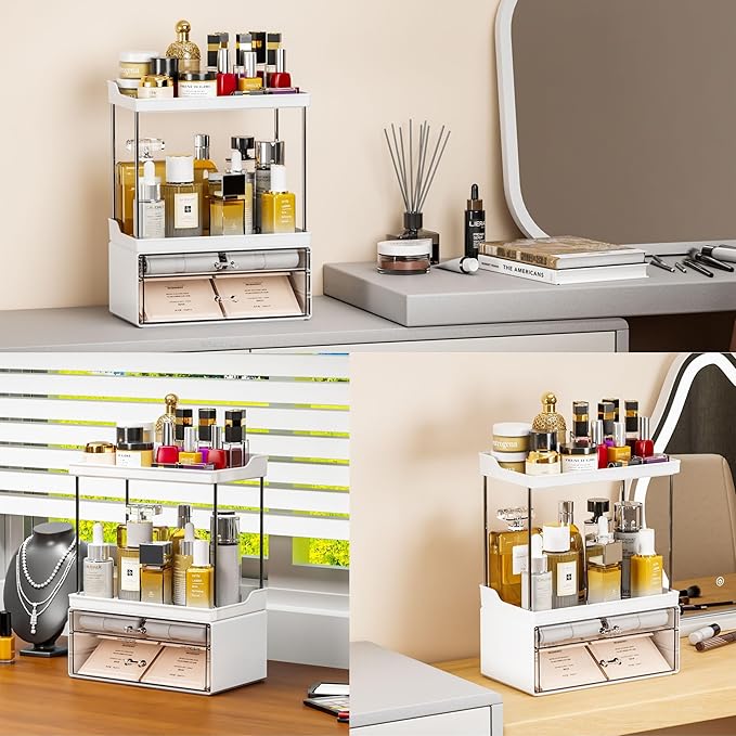 Yieach Acrylic Makeup Organizer Countertop,Large Skincare Organizer for Dresser Top,Plastic Bathroom Counter Organizers and Storage for Beauty,Cosmetic,Hair Products,Lotion and Perfume Organizer,White