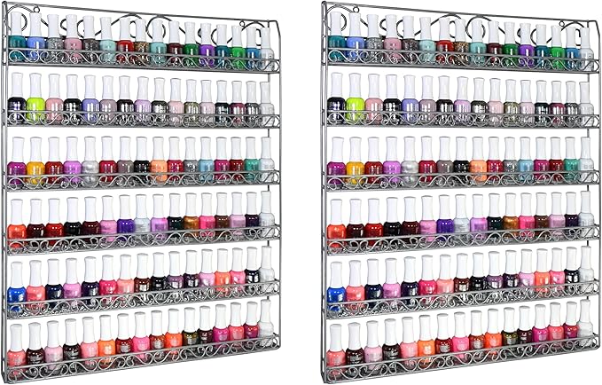 AMT Metal Nail Polish Racks for The Wall | Clear Nail Polish Display | Essential Oils Organizer | Holds up to 108 Bottles (Silver - 2 Pack)