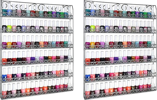 AMT Metal Nail Polish Racks for The Wall | Clear Nail Polish Display | Essential Oils Organizer | Holds up to 108 Bottles (Silver - 2 Pack)