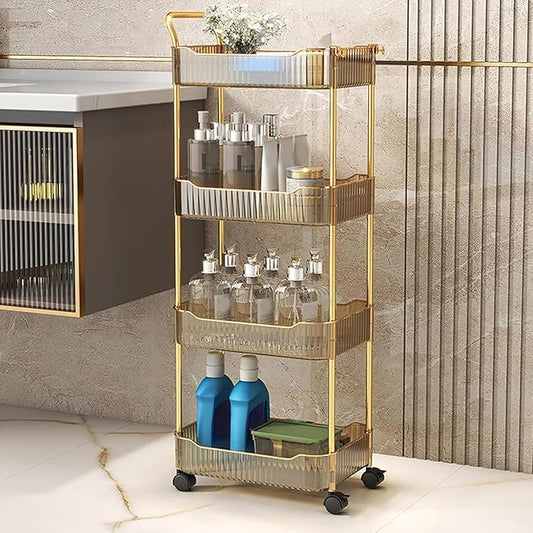 Acrylic Storage Trolley, Laundry Room Organization Mobile Shelves Bathroom Kitchen Rolling Utility Cart with Handle and Lockable Wheel(Gold,14.1x10.2x37.4inch)