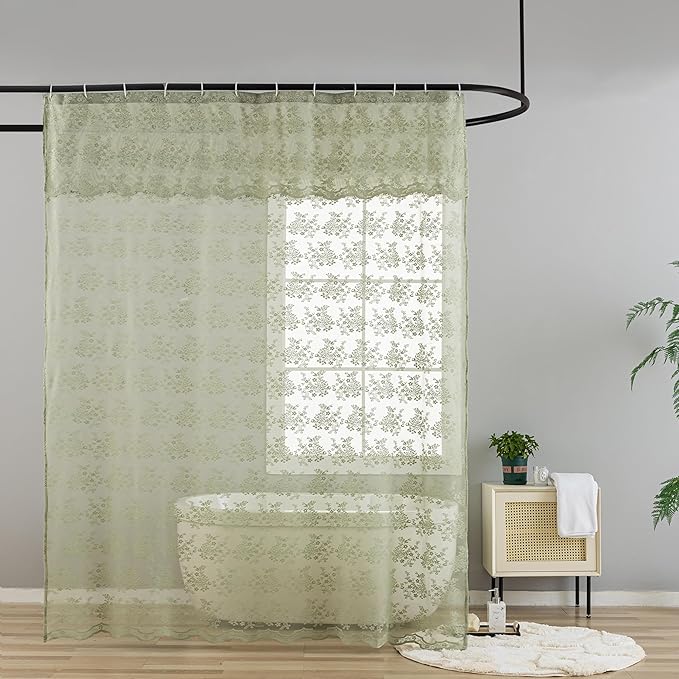 YJ YANJUN Sage Green Shower Curtain for Bathroom, Rustic Floral Lace Sheer Shower Curtain with Attached Valance, Scalloped Edge Elegant Sage Bath Curtain, 72 x 72 Inch, Sage Green
