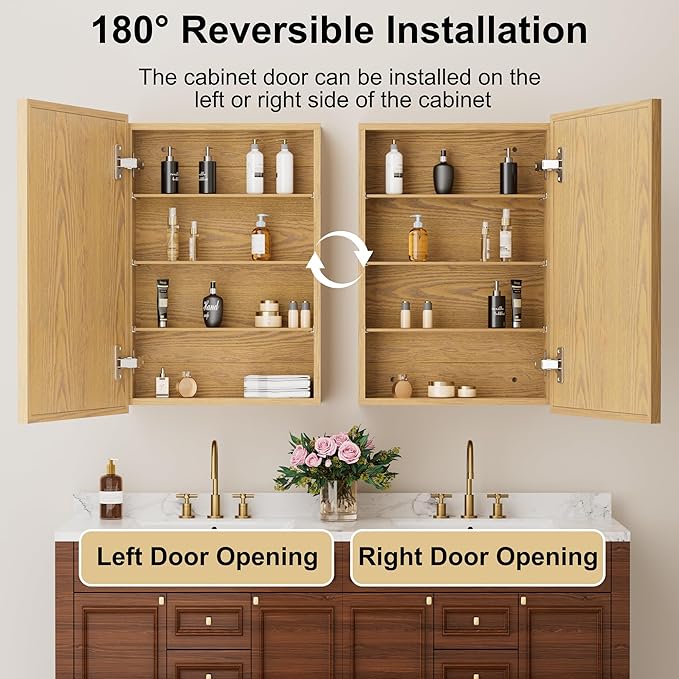 24x30 Inch Wood Medicine Cabinet with Mirror, Surface or Recessed Mounted Bathroom Cabinets with Adjustable Shelves, Soft-Close Hinges, Wall Mounted Cabinet for Storage
