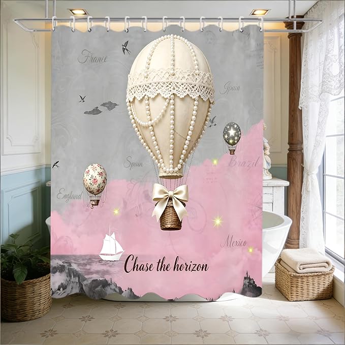 jieprom 4 Piece Pink and Grey Shower Curtain Set with Rugs, Vintage Pearl & Lace Hot Air Balloon Art, Romantic Travel Aesthetic Bathroom Decor, Non-Slip Mats & Toilet Lid Cover, Waterproof Fabric