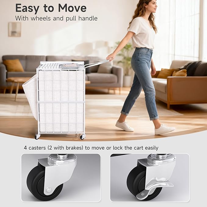 90L Laundry Basket with Wheels, Large Capacity Laundry Hamper with Removable Liner Bags, Heavy Duty Laundry Sorter with Solid Wood Lid & Leather Handles, White