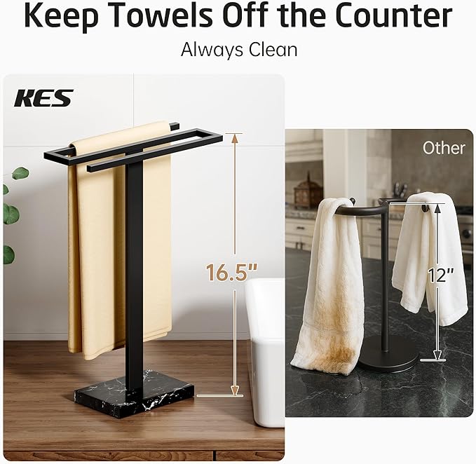 KES Hand Towel Holder Stand, Countertop Towel Stand with Black Marble Base, S-Shape Hand Towel Holder Freestanding for Bathroom 18/8 Stainless Steel All Black, BTH223-BBK