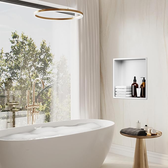 White Shower Niche, Stainless Steel Wall Niche 12"X12", No Tile Needed Recessed Inserted Niche Shower for Bathroom, Living Room, Kitchen for Storage