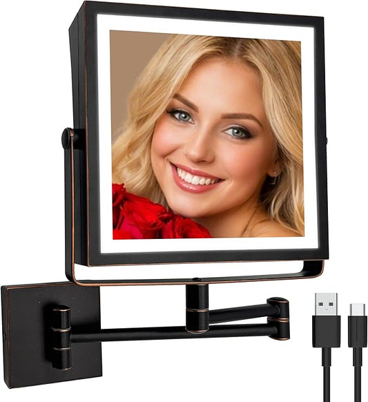 Ruacq Rechargeable Wall Mounted Makeup Mirror with Lights, Double Sided 1X/10X Magnifying Vanity Mirror with 3 Color Lights, Touch Screen Dimmable, 360° Rotation Foldable Arm (Oil Rubbed Bronze)