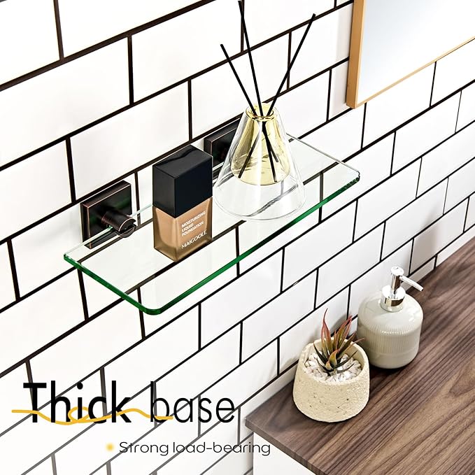 KOKOSIRI Bathroom Wall Shelves 12-Inch Tempered Glass Floating Shelf for Shower Storage Decor, 2 Pack Oil Rubbed Bronze Stainless Steel B1107ORB-L12-P2