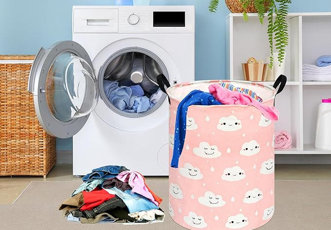 KUNRO Round Laundry Gift Basket Storage Hamper, Clothes Storage Organizer Bins, Shelf Basket with Handles for Room Decor (Smile)