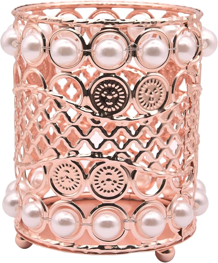 Gullor Handcrafted Pearls Makeup Brush Holder Organizer Eyebrow Comb Brushes Pen Pencil Cosmetic Storage Box for Vanity, Bathroom, Bedroom, Office Desk, Rose Gold