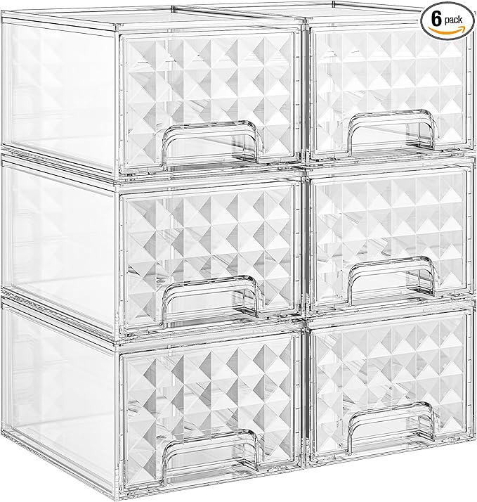 Delamu 6 Pack Stackable Storage Drawers, Makeup Skincare Holder Vanity Storage Organizer, Plastic Drawers For Vanity Desk, Undersink, Kitchen Cabinet, Pantry, Clear, Ideal Christmas Gifts for Girls