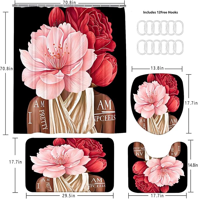 4 Pcs Black Girl Shower Curtain Sets African American Woman Red Rose Floral Quotes Non-Slip Rugs Bath Mat Toilet Cover U Shaped Mat Shower Curtain with 12 Hooks Bathroom Set