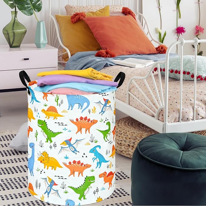 Round Dinosaur Pattern Laundry Hamper Clothes Storage Basket Fabric Storage Hamper Organization Storage Bin, Nursery Box,Gift Basket with Handles