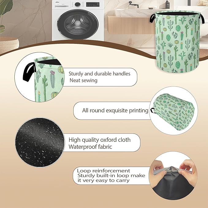 Collapsible Laundry Basket,Green Cactus Dirty Clothes Hamper,Succulent Plants Hampers for Bedroom Waterproof Oxford Cloth Storage Organizer for Bathroom,Nursery,Dorm,16x20 Inch