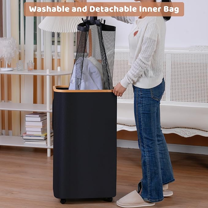 iEGrow 110L Laundry Basket with Wheels,Clothes Hamper for Laundry,Laundry Hamper with Lid and Inner Bag, for Laundry Room, Bedroom, Dormitory Storage,Black