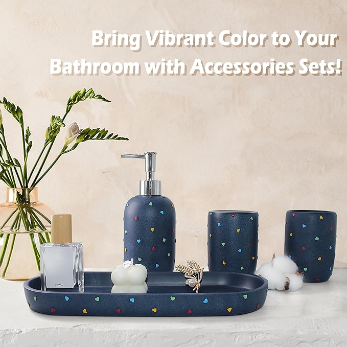 YMXYJM - Bathroom Accessories Sets 4-Piece, Premium Pastel Heart Bathroom Accessory Complete Set - Toothbrush Holder, Lotion Soap Dispenser, Vanity Tray, Bathroom Tumbler for Countertop Vanity, Blue