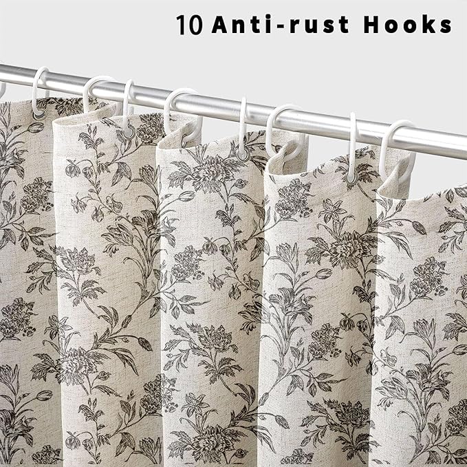 Black Shower Curtain Floral Cotton Linen Cottagecore Shower Curtain for Bathroom 60" W x 72" L
