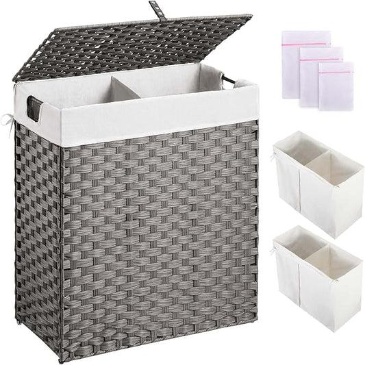 Greenstell Laundry Hamper with 2 Removable Liner Bags - 90L Divided Clothes Hamper, Handwoven Synthetic Rattan Foldable Laundry Basket with Lid and Handles Gray (18.3x13.3x24.0Inches)