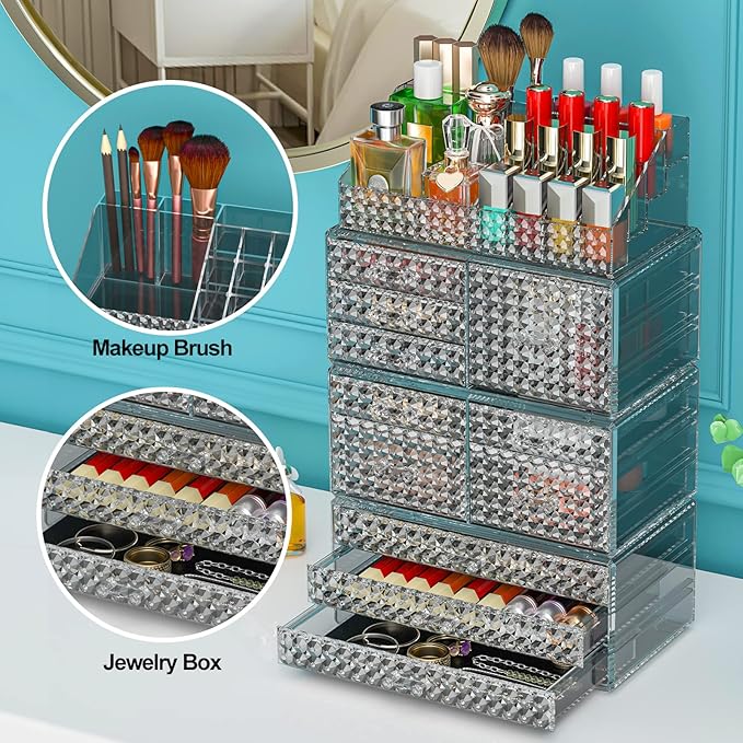 Awenia 4 Pack Stackable Makeup Organizer[Upgraded],Acrylic Cosmetics Storage Large Capacity with 11 Drawers For Brush Holder,Perfume or Jewelry Display,Plus Size| Ship from USA(Gray)