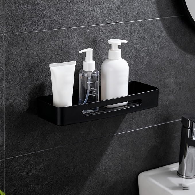 Bathroom Shelf, Matte Black Stainless Steel Wall Mounted Drain Rack, Toiletries Organizer with No Drill Installation, Holds Up to 8 Kg, Ideal for Bathroom Storage (Black Single Layer Rack