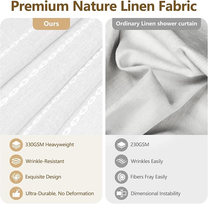 72 x 84 inch Extra Long Boho Farmhouse Shower Curtain with Tassels, White Linen Textured Soft Fabric Shower Curtain Heavyweight, Elegant French Country Striped Bathroom Curtain Water Repellent