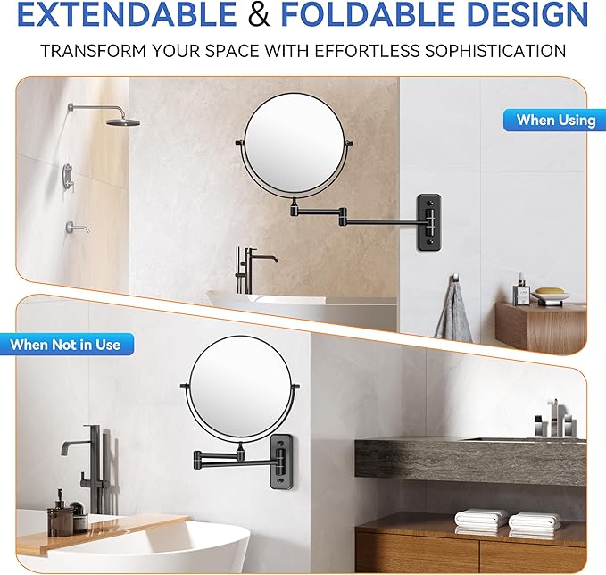 Auxmir 1X/30X Wall Mounted Makeup Mirror, Double Sided Magnifying Mirror with Tweezers, Bathroom Makeup Mirror, Cosmetic Vanity Mirror with 360 Rotation Extendable Swivel Arm, Black