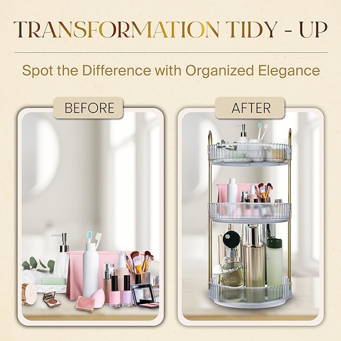 360-Degree Rotating Makeup Organizer, Cosmetic Storage Display Case for Bathroom Vanity Countertop, Skincare and Perfume Storage Organizers, Jewelry Dresser Organizer, 3-Tier, Clear