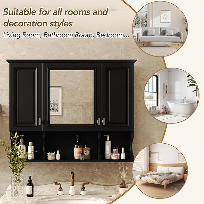 Merax Bathroom Wall Cabinet with Mirror, Wall Mounted Medicine Cabinet with Adjustable Shelves and Open Spaces, 35" x 28" Mirrored Door Over The Toilet Bathroom Storage Cabinet