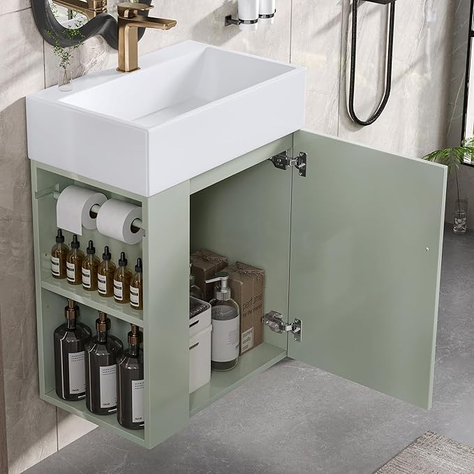 Virubi 20" Floating Bathroom Vanity with Sink, Soft Closing Door,and Storage Shelves, Solid Wood Frame & MDF Modern Single Small Bathroom Vanity Cabinet with Open Shelf,Wall Mounted (Green)