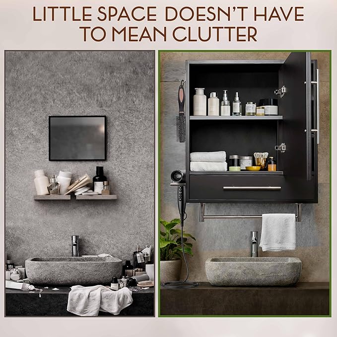 Wall-Mounted Bathroom Cabinet with Mirror - Modern Black Medicine Cabinet with Storage Shelves, Towel Bar & Hooks, Pre-Assembled Design