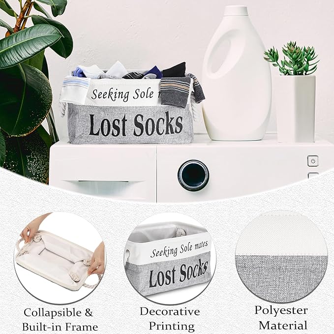 2 Pack Lost Socks Basket for Laundry Room, Fabric Missing Sock Holder for Single Sock Organization, Collapsible Lost Socks Bin Stockings Container, Farmhouse Laundry Room Decor and Accessories