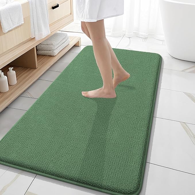 OLANLY Thick Memory Foam Bath Mat Rug 47x20, Extra Soft Absorbent Bathroom Rug, Quick Dry Bath Mats, Non-Slip, Machine Washable Carpet for Bathroom, Tub and Shower, Home Decor Accessories, Olive Green