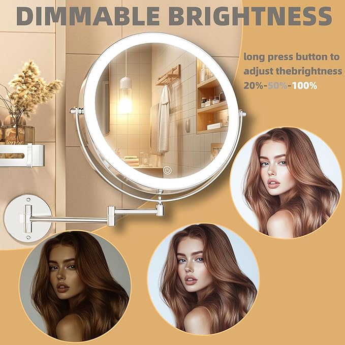 8.5" Wall Mounted Makeup Mirror with Light, 2000mAh Rechargeable Double Sided 1X / 10X Magnifying Vanity Mirror, 3 Color Lights Touch Dimmable 360° Rotation Bathroom Mirror, Chrome