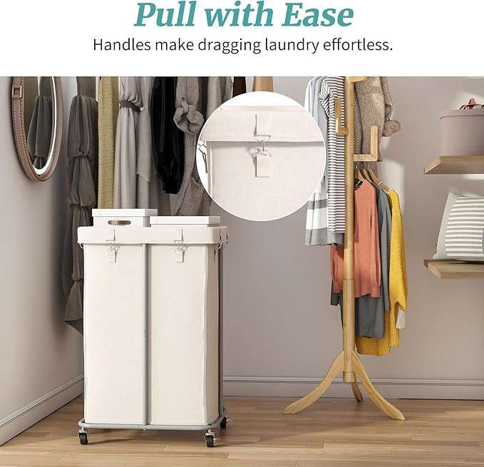 155L Laundry Hamper with Wheels, Rolling Laundry Basket with Metal Frame and Removable Bag, Double Laundry Hamper 2 Section, Large & Tall Dirty Clothes Hampers for Bedroom Aesthetic, Laundry Room