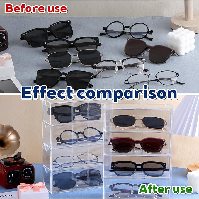 2PCS Sunglass Organizer Clear Acrylic Organizer, 9.65*6.89*2.56 Inch Plastic Stackable Eyeglass Case Storage Organizers with 4 Drawers, Glasses Organizers for Women for Glasses Jewelry Watch Storage