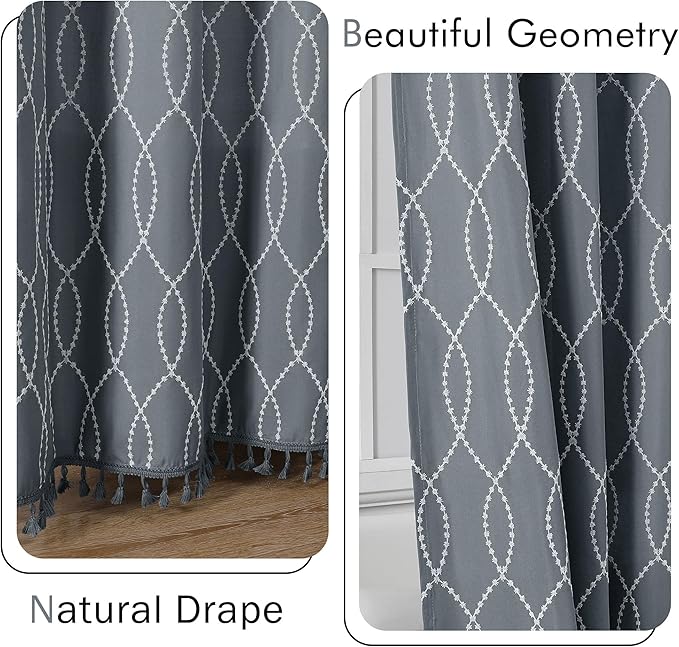 OVZME Dark Grey Shower Curtain for Bathroom, Puff Printed Textured Shower Curtain with Tassels, Rustic Geometry Heavy Duty Vintage Country Bathroom Curtain, Water Resistant Fabric, 72Wx72L Inches