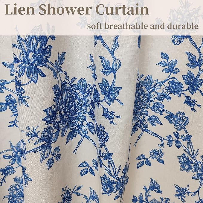MUGINYU Blue Vintage Floral Linen Shower Curtain-Toile Cottage Core Farmhouse Country Neutral Botanical Bath Curtain for Bahtroom Decor 72x72inch
