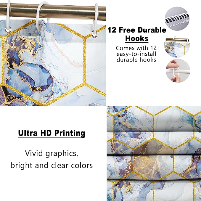 Poedist Shower Curtain Set with Rugs,Bathroom Accessory Set, Including Non-Slip Rugs,Toilet Lid Cover and Bath Mat, Waterproof Shower Curtain with 12 Hooks, Honeycomb Marble