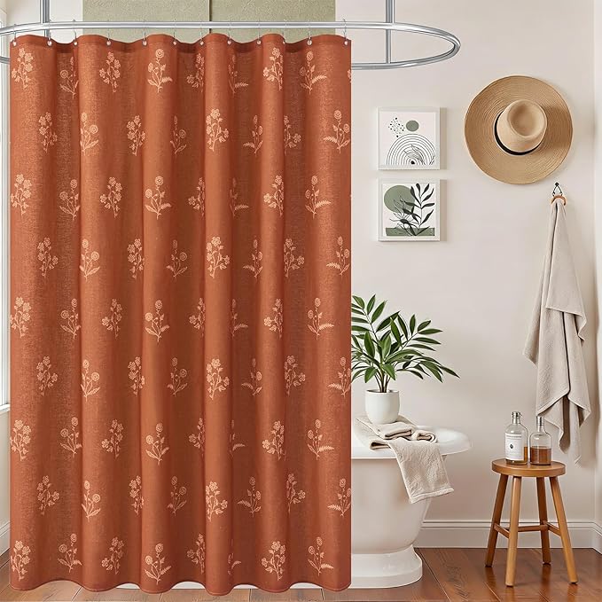 ORTIGIA Linen Shower Curtain 72 W x 84 L Farmhouse Vintage Terracotta Floral Long Shower Curtains Modern Boho Rustic Block Print Cottagecore Decor for Bathroom