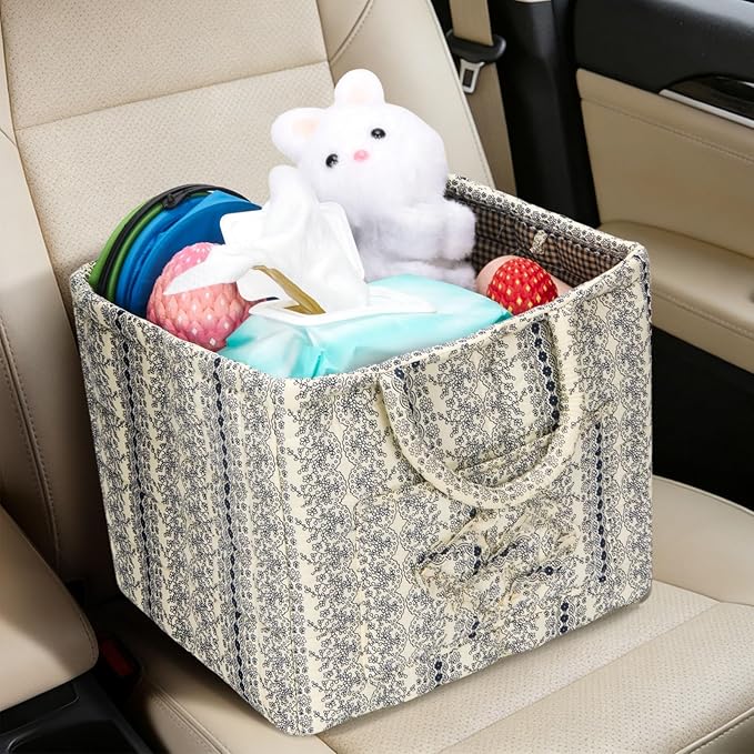 Quilted Fabric Basket Car Storage Basket Boho Floral Laundry Hamper for Nursery Bedroom & Living Room | Organize Clothes Toys