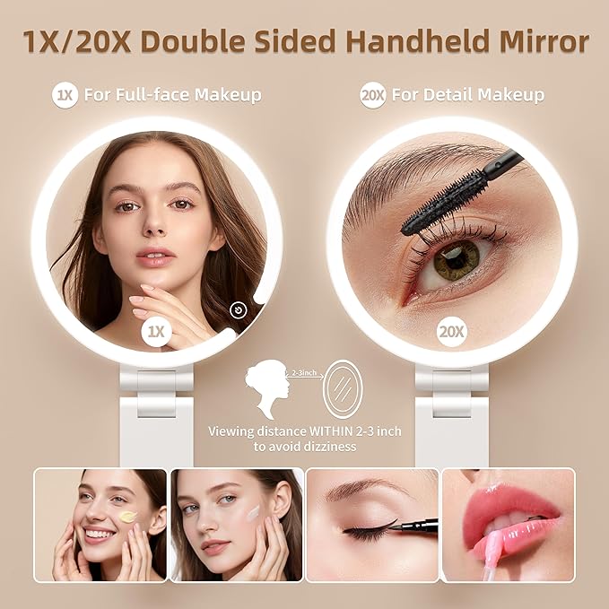Travel Makeup Mirror with Lights, 20X/1X Double-Sided Magnifying Mirror with 3 Color Lights, Brightness Adjustable, Rechargeable, Foldable Handheld Makeup Mirrors Portable for Travel Use