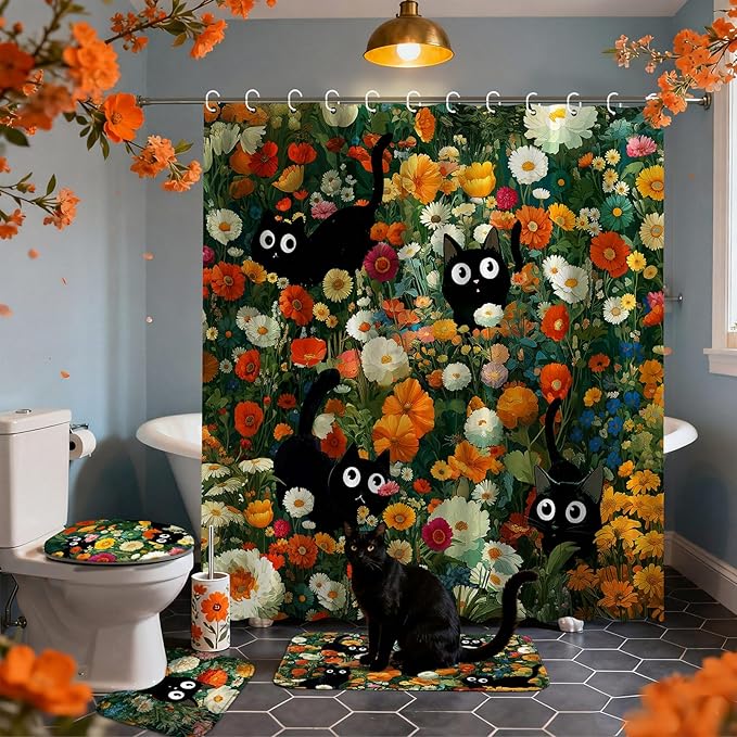 Tatuo 8 Pcs Spring Wildflower Shower Curtain Sets for Bathroom Retro Floral Bathroom Accessories Cute Black Cat Lover Gifts Shower Curtain Sets with Towels Carpet Bath Mat Toilet Rugs and 12 Hooks