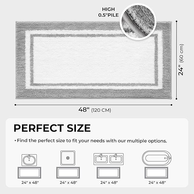 GRANNY SAYS Microfiber Bathroom Rugs Non Slip Washable, Water Absorbent Bathroom Mats for Tub Non Slip, Soft Bath Mats for Bath Floor & Shower, Long Bath Rug, 24" x 48", Grey Rug