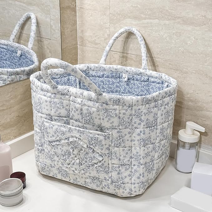 Quilted Fabric Basket Car Storage Basket Boho Floral Laundry Hamper for Nursery Bedroom & Living Room | Organize Clothes Toys